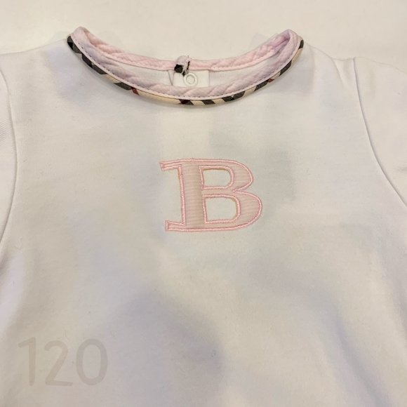 Burberry White Onesie Bodysuit with Pink Embroidered B and Check Trim - Size 6M - Picture 4 of 5